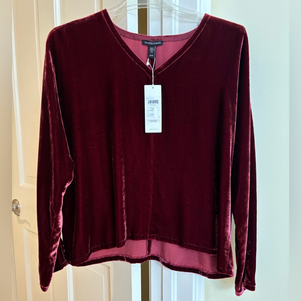 Eileen Fisher Velvet V-Neck Top Boxy Viscose Silk DEEP CLARET NWT - Picture 2 of 4